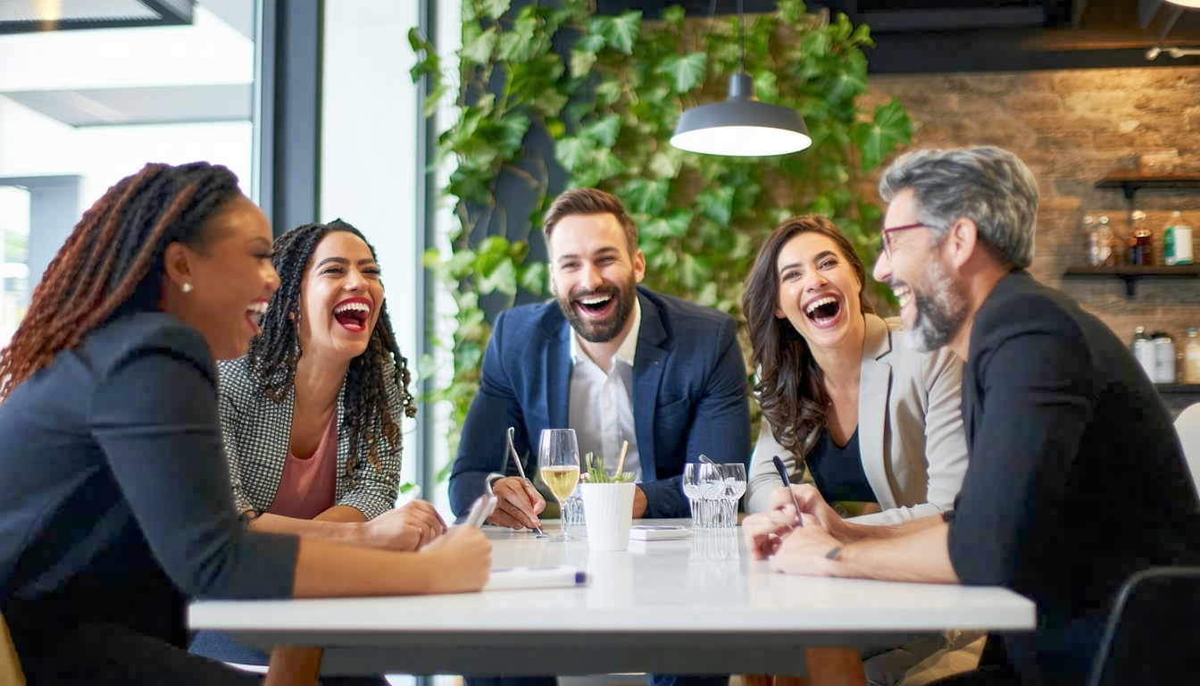 group of professionals at a table laughing